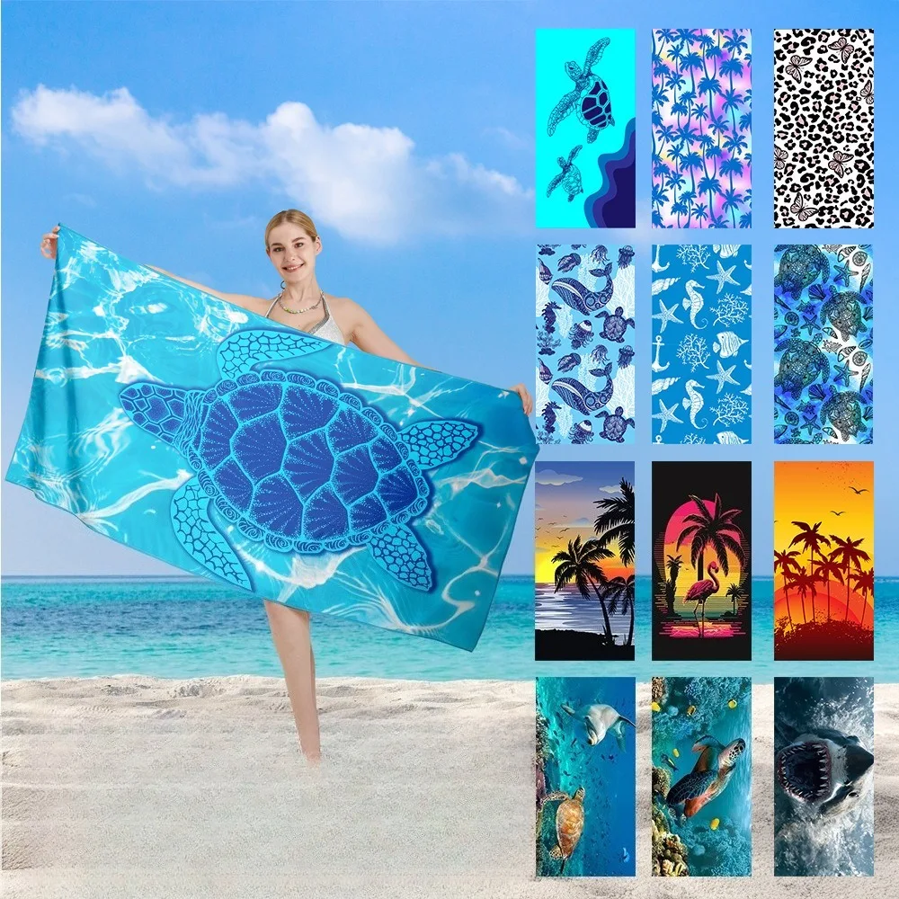 Blue Sea Turtle Beach Towel, Soft Microfiber Quick Dry Oversized Bath Towel, Nautical Summer Pool Blanket 1pcs