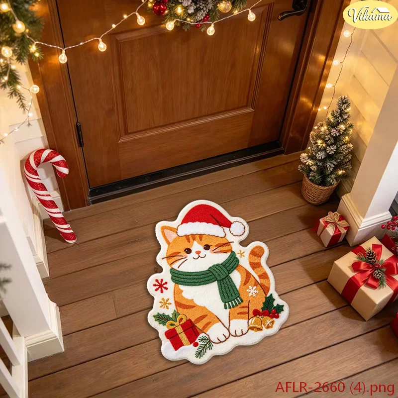 VIKAMA Cute Cat Christmas Rug Irregular Shape Doormat Kitten Reindeer Antler Kitchen Floor Mat Non Slip Soft Xmas Decor Home