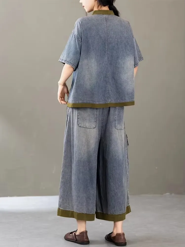 AmaxluluE Summer Womens Embroidery Plus Size 2 Pieces Sets Loose Casual Tops Wide Leg Pants Denim Outfits Fashion Floral Suits