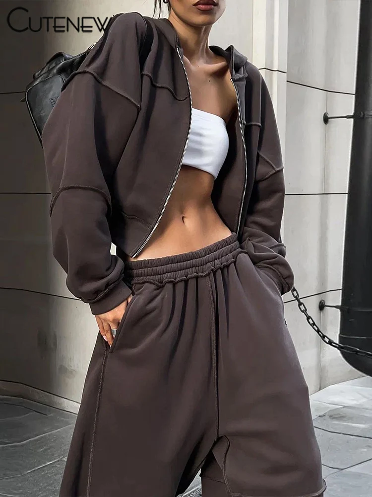 Cutenew Casual Sporty Women Matching 2 Piece Set Concise Zip-up Hood Coats+Elastic Waist Straight Pants Female Basic Tracksuits