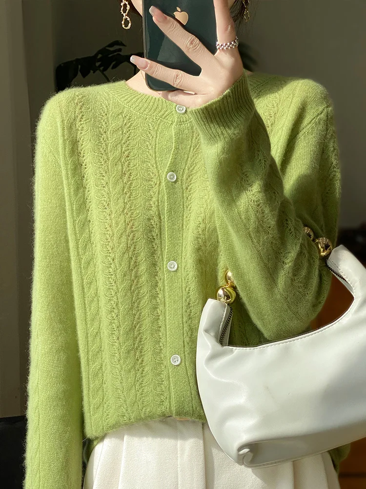 100% pure cotton cardigan spring women\'s new O-neck hollow loose and slimming cashmere sweater knitted thin
