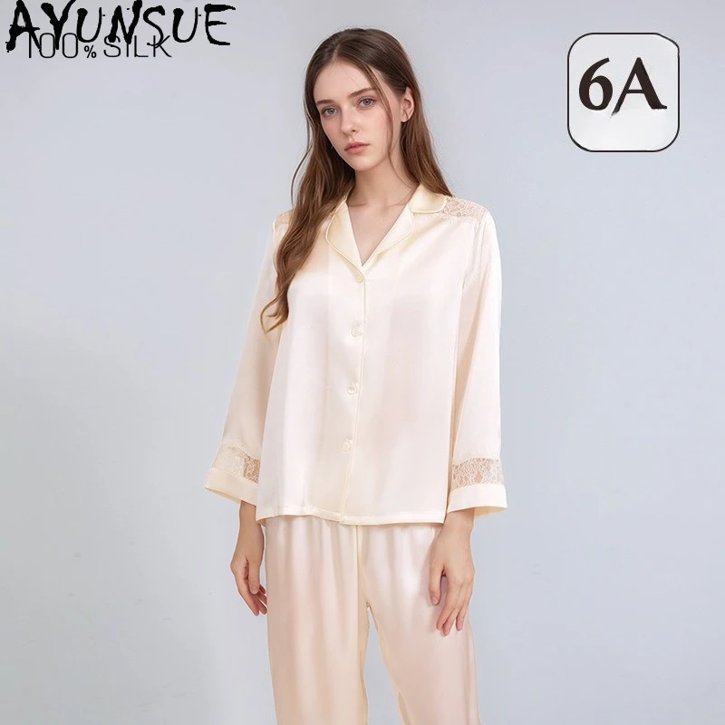 AYUNSUE 100% Natural Mulberry Silk Sleepwear Women Spring Sutumn Home Clothes 16MM Silk Pajama Set Long Sleeve Top Casual Pants