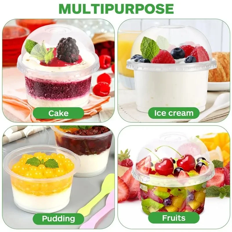 50pcs Disposable Plastic Cups Fruit Dessert Cups Clear Salad Smoothie Juice Dessert Cup Flat Lids and Half Round Lids 250ml