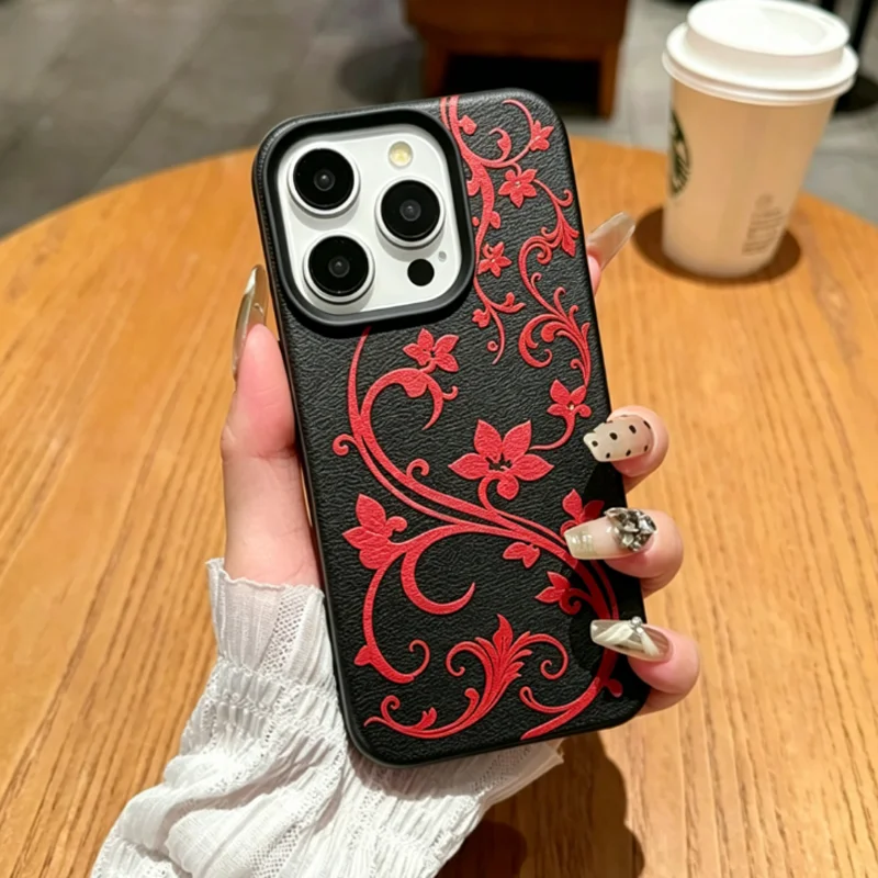 

Vintage Gothic Embossed Floral Phone Case For iPhone 17 16 15 14 Plus 13 12 11 Pro MAX 17 Air Gothic Rattan Flower Phone Cover