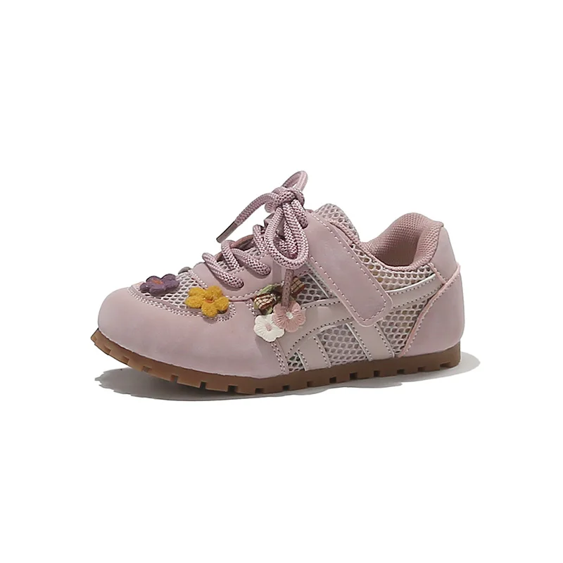 2026 Girls' Spring/Summer New Style Sneakers Pink Cute Flower, Fashion Versatile Casual Shoes, Leather Upper, Non-Slip Soft Sole