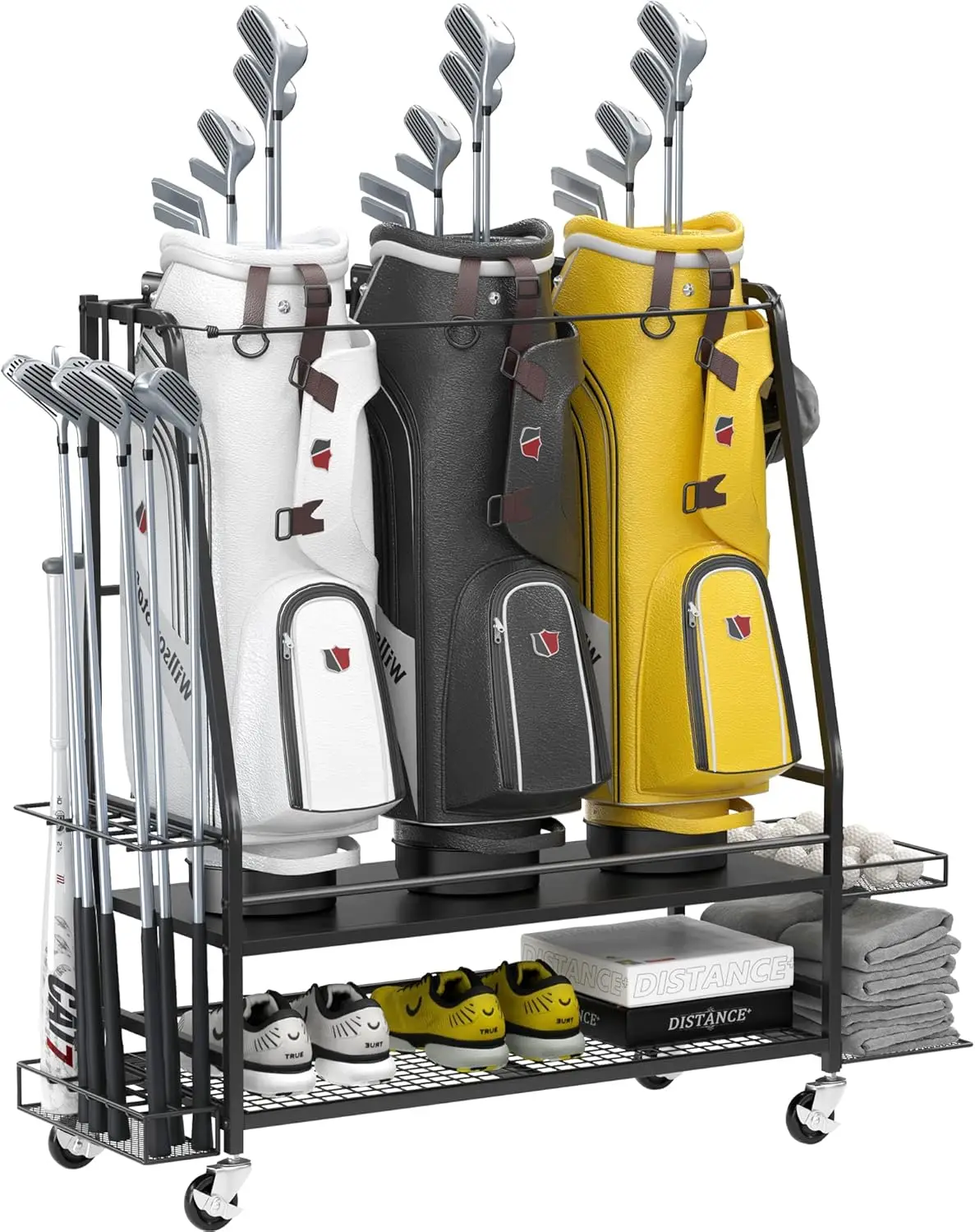 

Golf Bag Storage Garage Organizer For 3 Golf Bags - Golf Bag Storage Ra For Garage - Golf Bag Organizer With 2 Side Shelves,