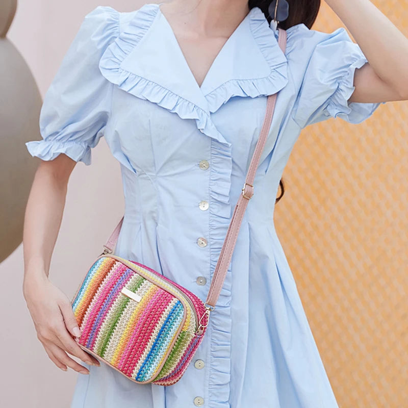 Summer Sweet Girls Fashion Crossbody Bag Colorful Straw Woven Retro Bag Casual Lady Ethnic Style Bags