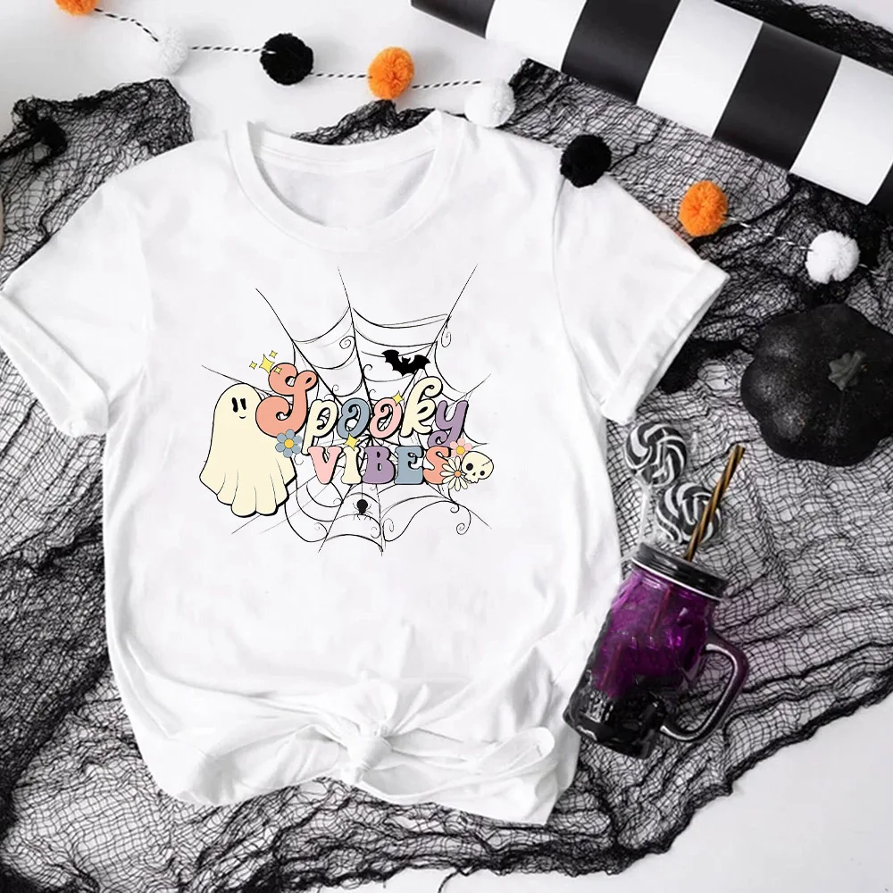 Retro Halloween Spooky Vibes Shirt Funny Halloween Women Short Sleeve Shirts Spooky Season TShirts Ghost Women Tee Clothes