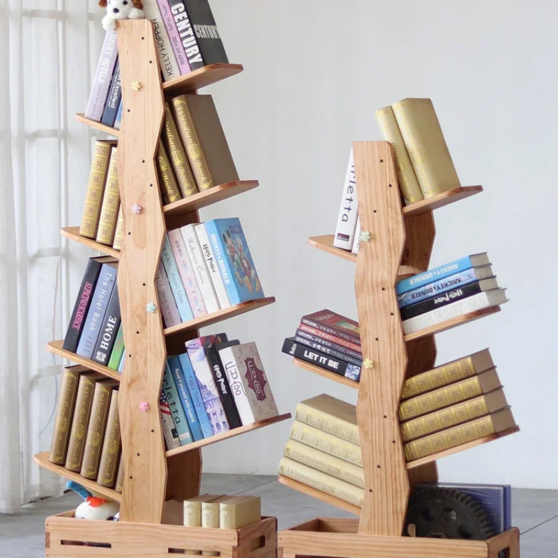 Solid wood tree-shaped bookshelf Multi-layer living room Simple modern storage Floor-to-ceiling display shelf Bookcase