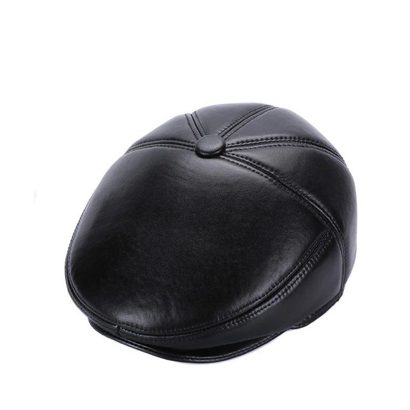 

Men Beret Flat Cap Irish Newsboy Cowskin Genuine Leather British Ivy Male Hat Autumn Winter Warm Ear protection cap