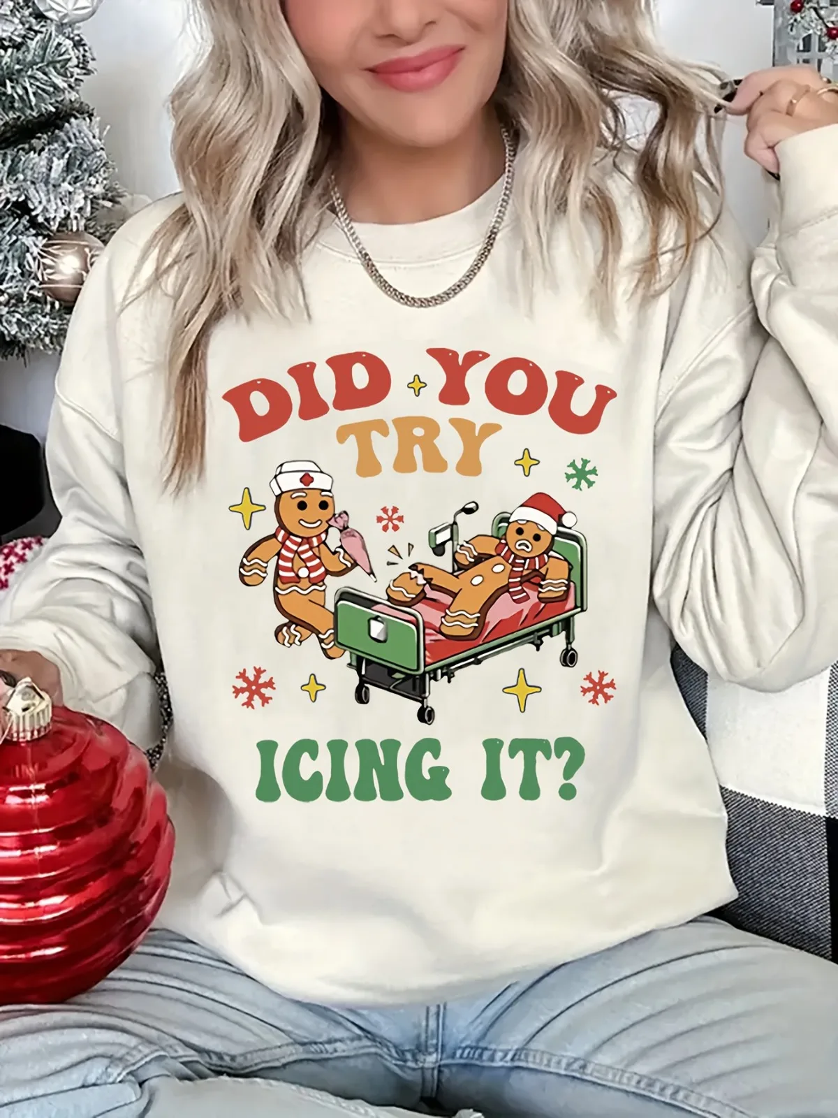 Damska bluza z okrągłym dekoltem, z świątecznym nadrukiem, idealna na imprezy, święta, prezent, sweter.