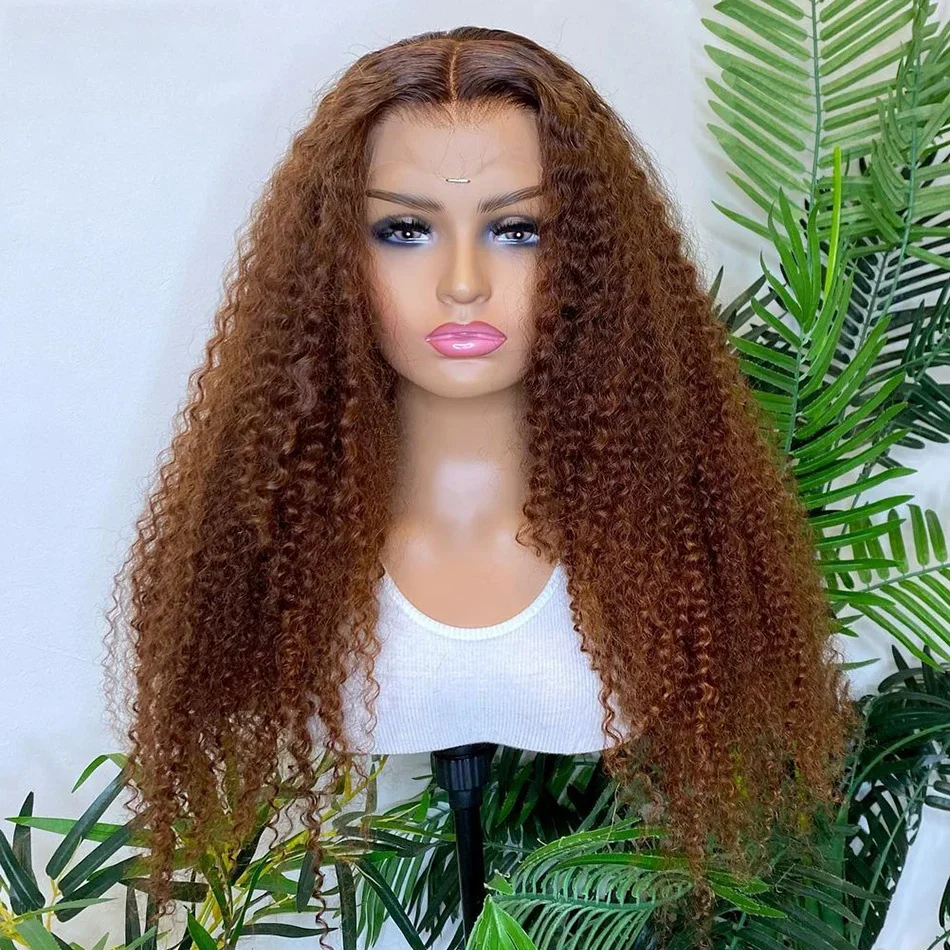 26 Inch Long Orange Brown Preplucked 180%Density Glueless Kinky Curly Lace Front Wig For Black Women BabyHair Natural Hairline