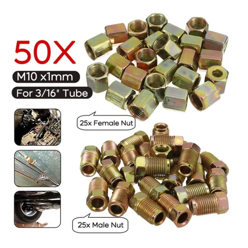 AU28-200Pcs Male / Female End Union Brake Pipe Screw Nuts M10 X 1Mm 3/16Inch OD Copper Brake Tubes Line Pipe Fittings Metric