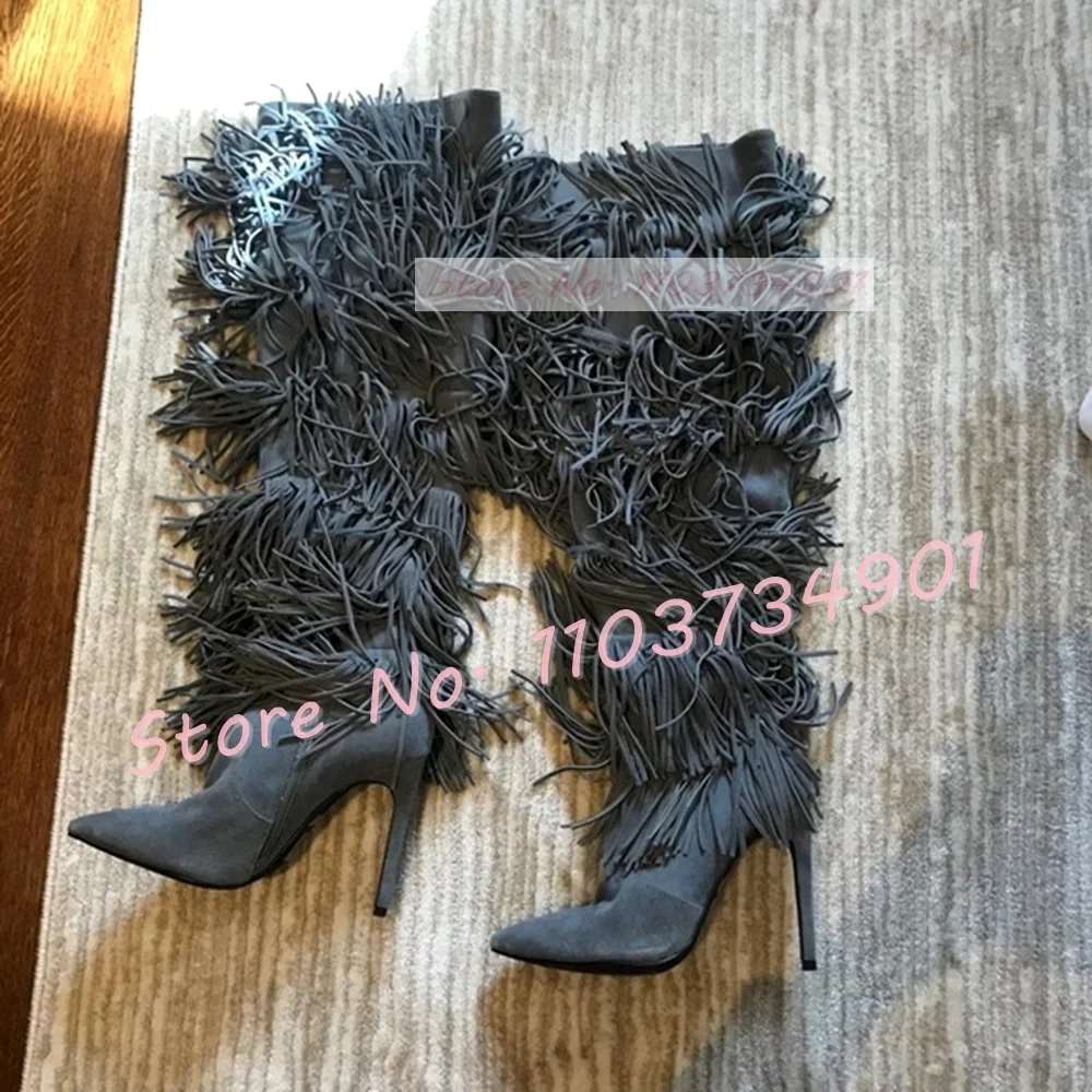 Black Full Fringes Knee High Boots Women Retro Pointed Toe Thin High Heels Suede Fashion Shoes Ladies Chic Streetwear Boots