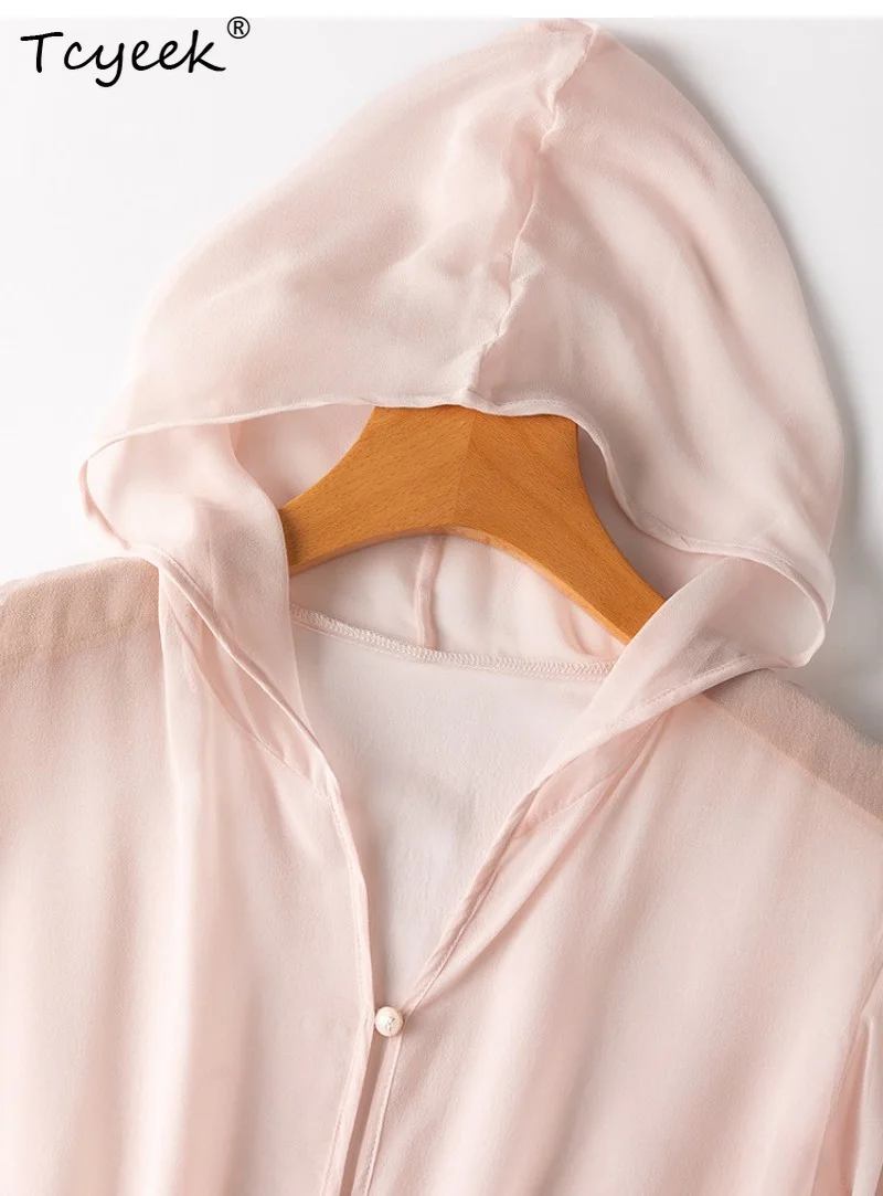 Tcyeek 100% Real Mulberry Silk Woman Tops 2026 Summer Breathable Hooded Light Pink Sun Protection Top Female Clothing Ropa Mujer view 2