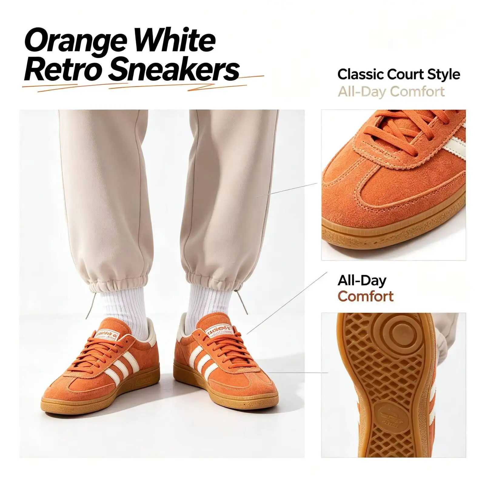 New Adidas Trefoil Handball Spezial Sports Orange White Retro Sneakers for Men Classic Court Style Sole Street Casual Shoes