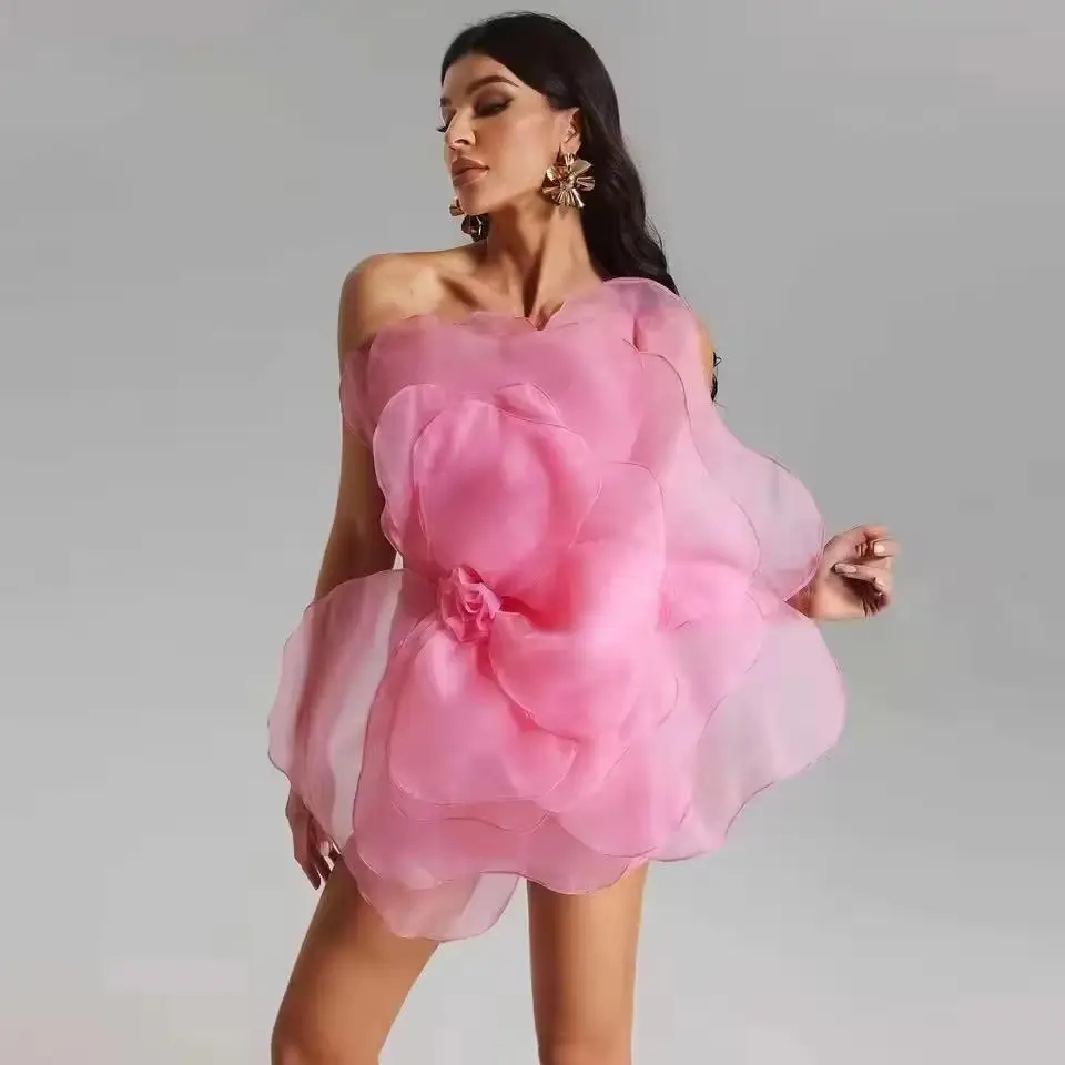 

2025 Customized Pink Floral 3D Rose Prom Gown DressTrendy Big Flower Mini Tube Dress One Shoulder Short Homecoming Party Dresses