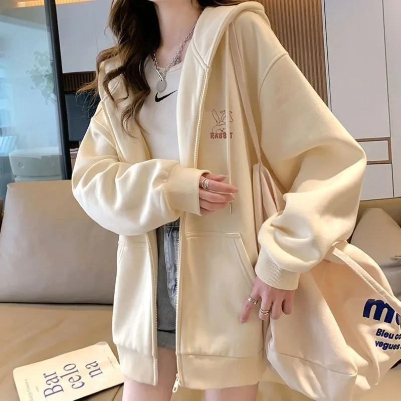 Hooded Zipper Cartoon Jacket Casual Outware Women Fashion Jacket Pockets Coat Loose Outware Long Sleeved Autumn Winter