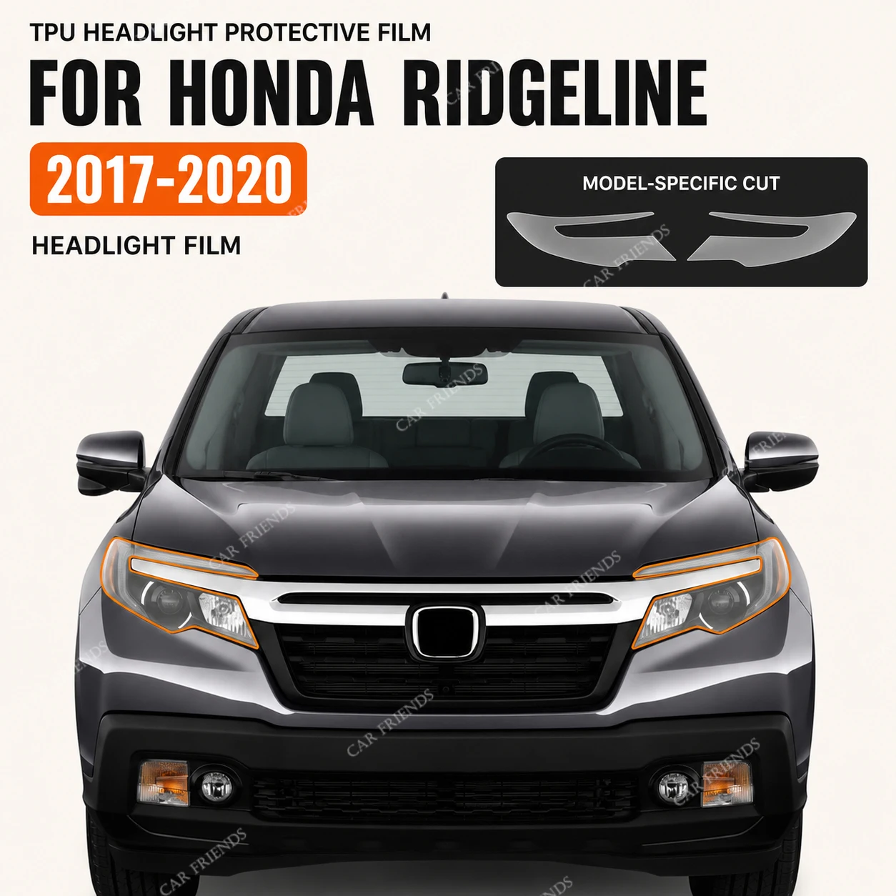 2PCS Custom Fit TPU Headlight Protective Film for Honda Ridgeline 2017-2020 Clear