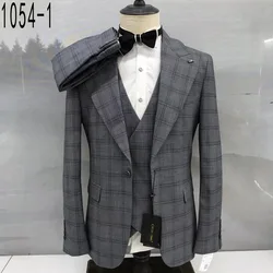 Classic Plaid Suit Sets For Men Wedding Party Groomsman Slim Fit Outfits Formal Banquet Male Elegant Blazer Vest Pants 3 Pieces