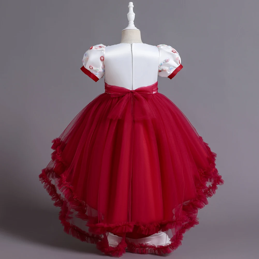 Red Flower Girls Birthday Dresses Puff Sleeve Party prince Dress European Style Girls Tutu Dress For Little Girls Children Gown