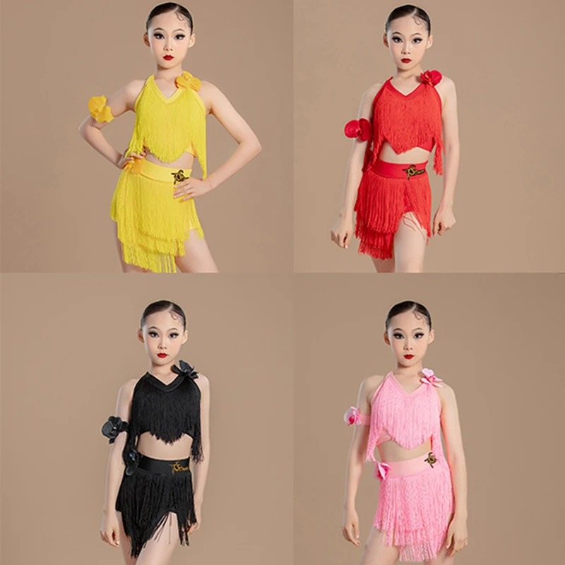 

Latin Dance Clothes Girls Fringe Dance Costume Tassel Tops Skirt Competition Dress Group Latin Dance Practice Clothing BL13938