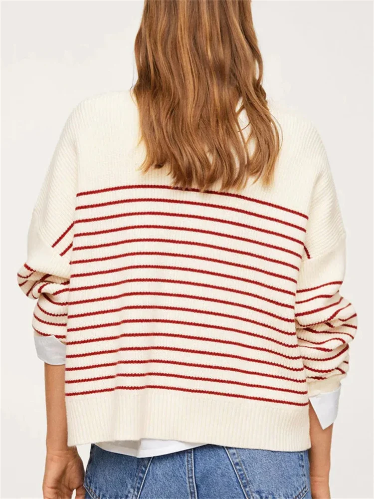 Women Stripe Baggy Knitted Sweater Female Jumper Long Sleeve Zip Up Knitting Tops Pullovers Streetwear Autumn Winter Knit Sweate