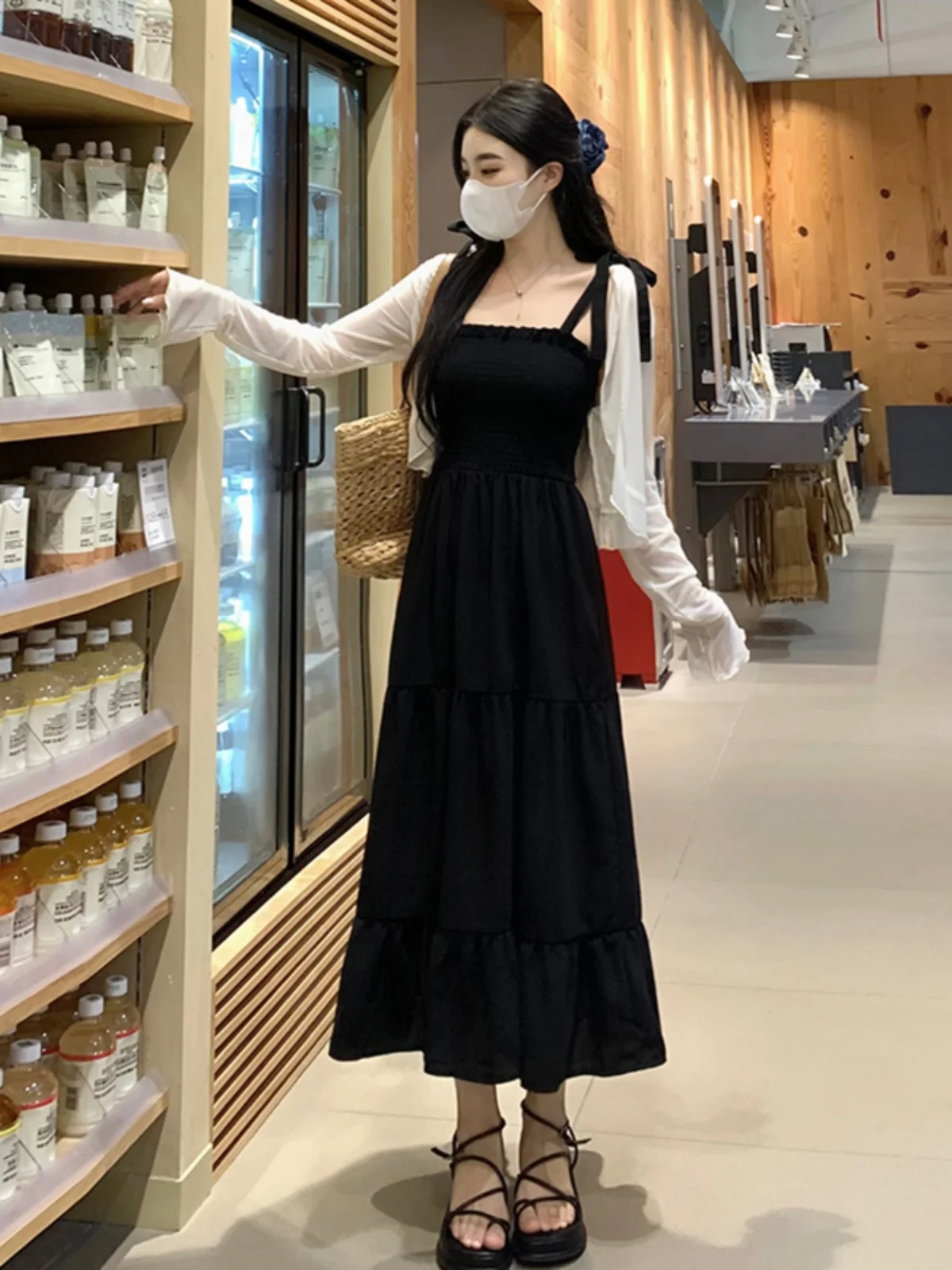 plus Size Summer Strap Dr Women's Bla Skirt Sunscreen Set Slimming Hepburn Sle Casual A-Line Dr Korean Sle