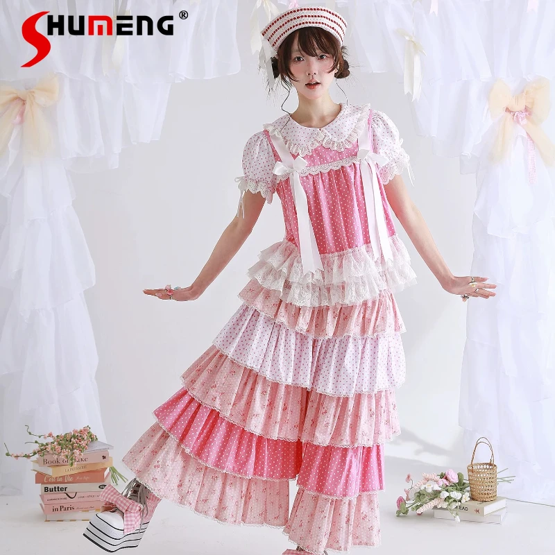 

Original Japanese Kawaii Girl's Lolita Skirt Set Pink Polka Dot Matching Sets Culottes Lace Splicing Short Sleeve Shirt Outfit