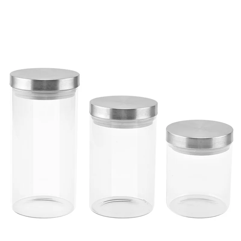 

Glass Storage Jar with Metal Cover Simple Style Eco-Friendly Features for Kitchen Hotel Fruits Nuts Tea Candy Sugar Storage