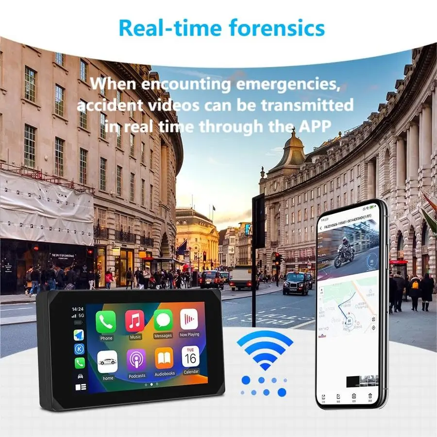 كاميرا Carplay اللاسلكية ونظام Android Auto للدراجات النارية مع 5 شاشات تعمل باللمس، كاميرا أمامية وخلفية HD1080P، WiFi، Bluetooth، GPS #5