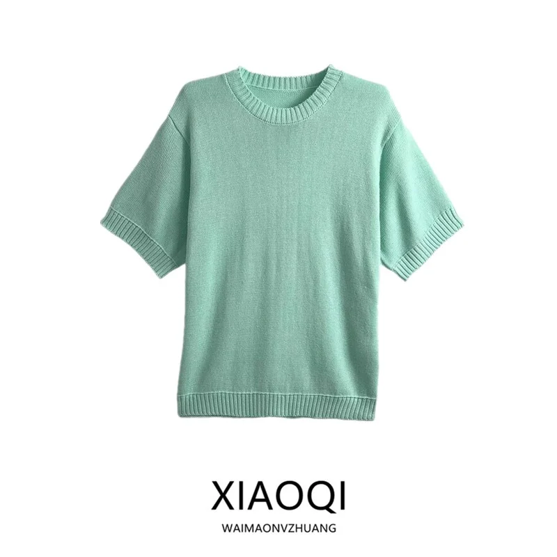 

Spring 2025 Women's Cotton Knitted Loose round Ne ort Sve T-irt Comfortable Breathable Faionable Commute Sle