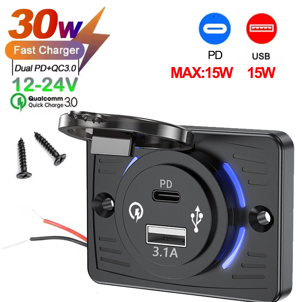 Wandmontierter Ladegerät-Adapter, 2–4 Ports, USB-Steckdose, QC 22,5 W PD 30 W Typ-C-Schnellladung, QC3.0-Panel, Bus, ATV, LKW
