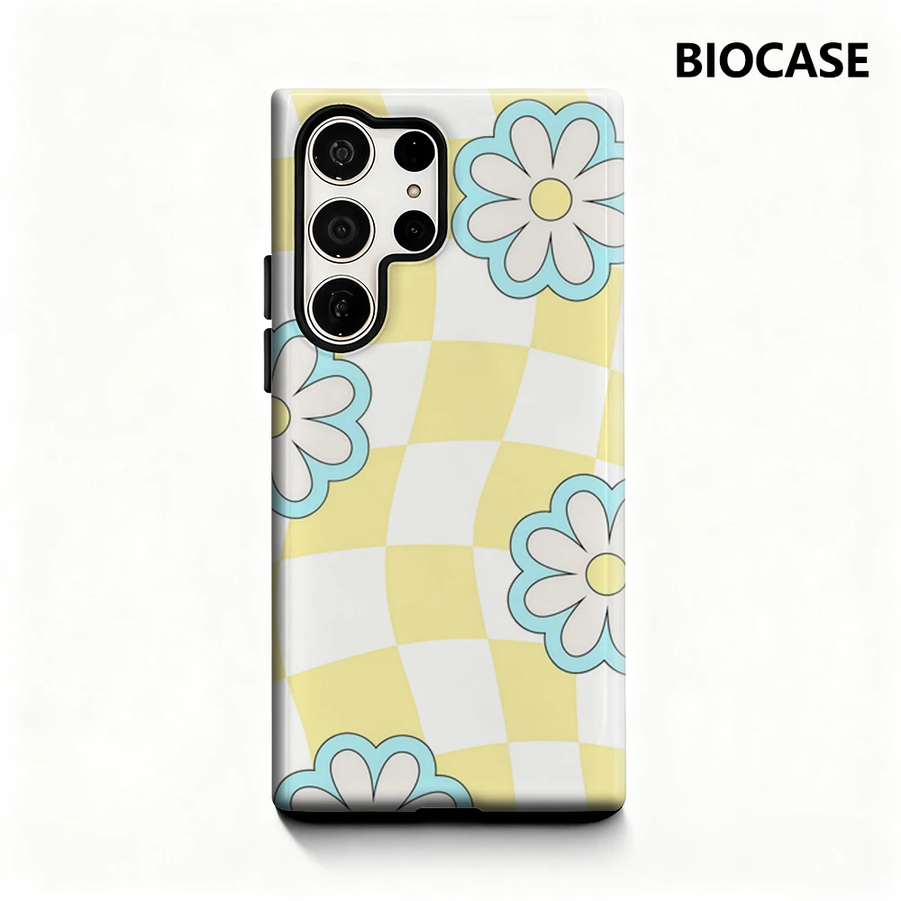 Coque de téléphone à fleurs bleues sur jaune, étui arrière brillant Double couche pour Samsung Galaxy S25 Ultra S24 S23 Ultra Plus