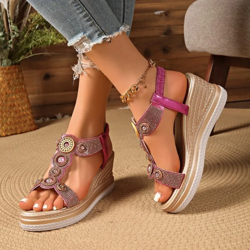 Modische Kristall-Keilsandaletten für Damen mit Elastikband, Plateau-Sandalen, Luxus-High-Heels, Übergrößen bis 43