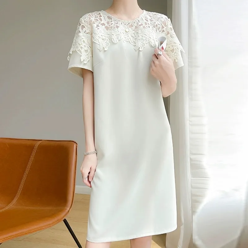 Acétate Satin T-shirt Dr femmes été ample droite minceur Design motif trajet Long Dr coréen Sle rond Ne