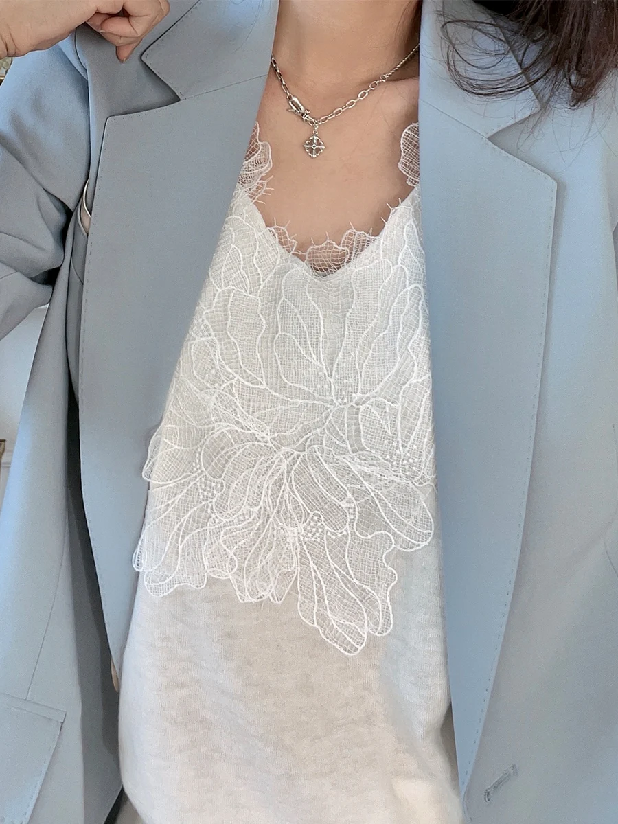 

e Lace Trim Eyela Knitted Wool Vest Thin Wool Base Layer Csole Svel V-Ne Long Sve Color Commute ...