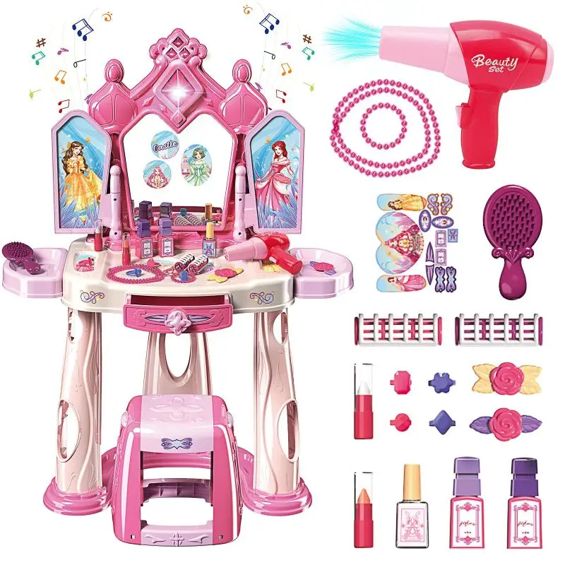 Girls Makeup Table Set with Stool,Open Doors by Gestures,Kids Vanity Set with Lights and Music,Christmas for Toddlers 3 4 5 6-12