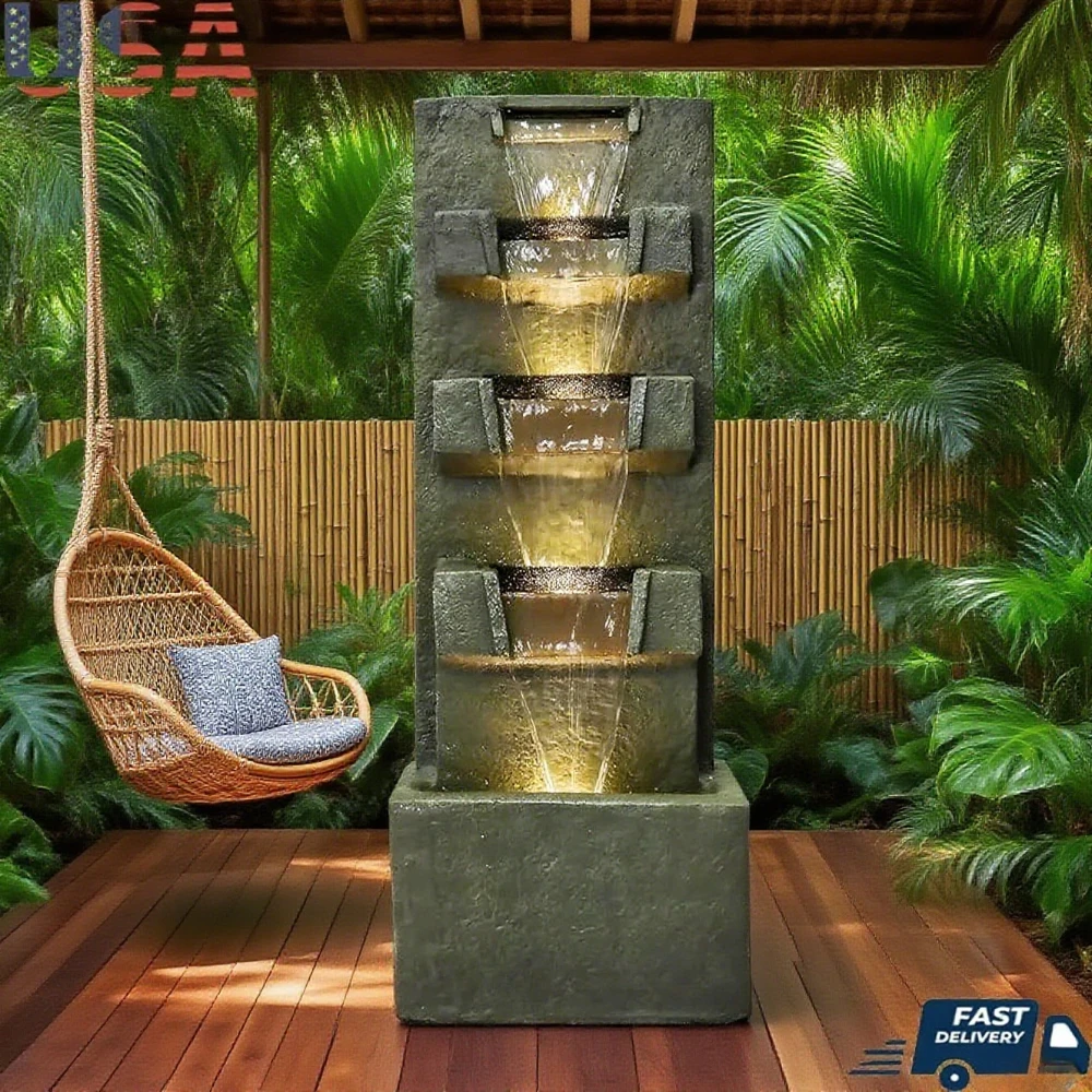 

39.3" 5-Tier Concrete Fountain - LED Lights & Soothing Sound for Low-Maintenance Indoor/Outdoor Decor.