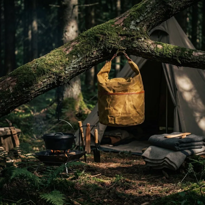 Bushcraft Camping Storage Bag Waxed Canvas Tool Pouch with Genuine Leather Trim Waterproof for Outdoor Cookware Gear Organizer