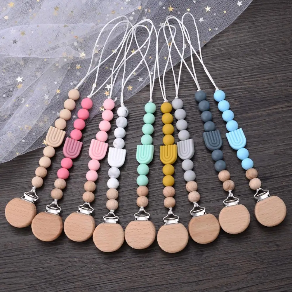 Dummy Nipple Holder Soother Chain Teether Toy For New Baby Pacifier Clips Round Beech Clips Silicone Rainbow Beads