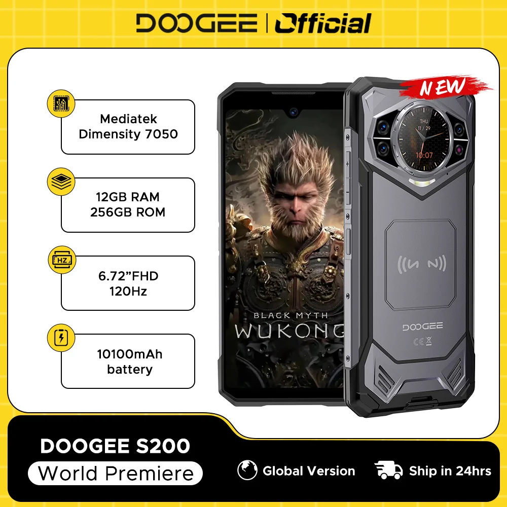 DOOGEE S200 5G 견고한 휴대폰, 6.72 인치 120Hz 디스플레이, 12GB RAM, 256GB ROM, 100MP AI 메인 카메라, 10100mAh, 안드로이드 14 NFC, 월드 프리미어 