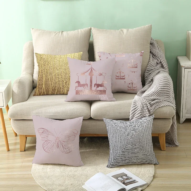 Pink Geometric Pillowcase Sofa Home Decoration Leaves Plant Pillow Cases Butterfly Animal Cushion Cover Polyester Pillowslip