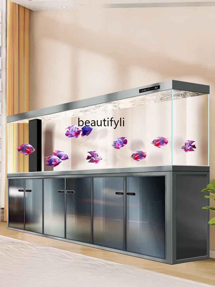 Medium and large arowana tank living room screen gold crystal ultra-white glass bottom filter light luxury ecological aquarium