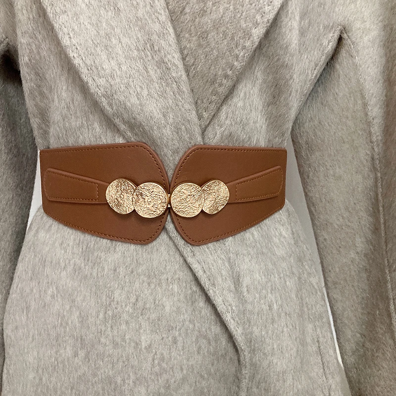 مشد للخصر للنساء 2024 نمط جديد قابل للتعديل حزام خصر مرن الخارجي مباراة معطف على شكل ثوب فاخر أسود حزام جلد مزخرف