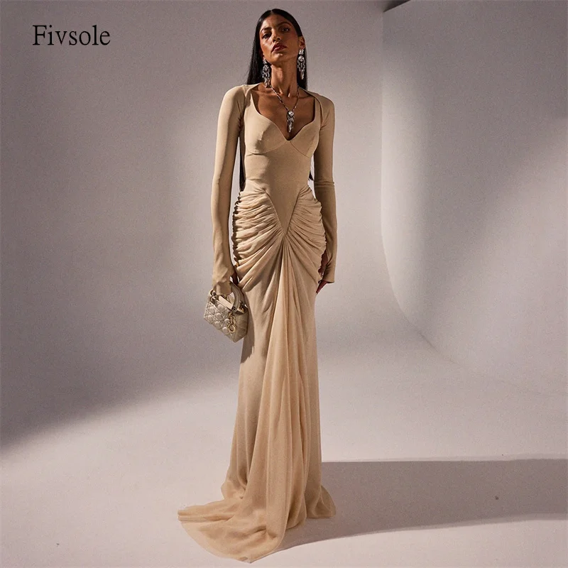 

Fivsole Glamorous Sweetheart Neck Mermaid Prom Gowns Long Sleeves Pleated Party Gown Floor Length Evening Dress Customized