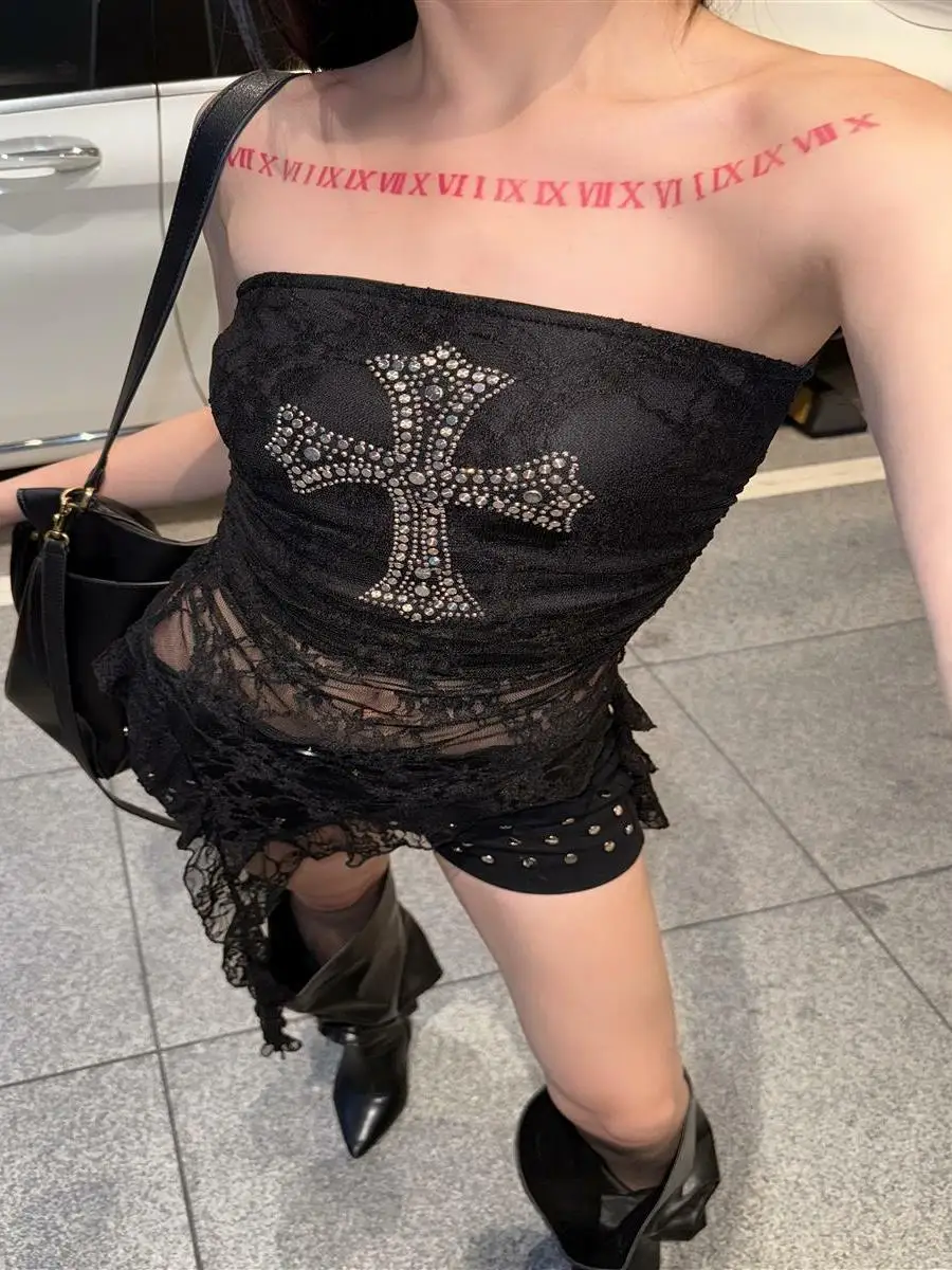 ストリートスレセクシーなブラレースクロップトップ女性の夏 Y2K 非対称 Sa デザイン痩身トップトレンディガール風レース素材