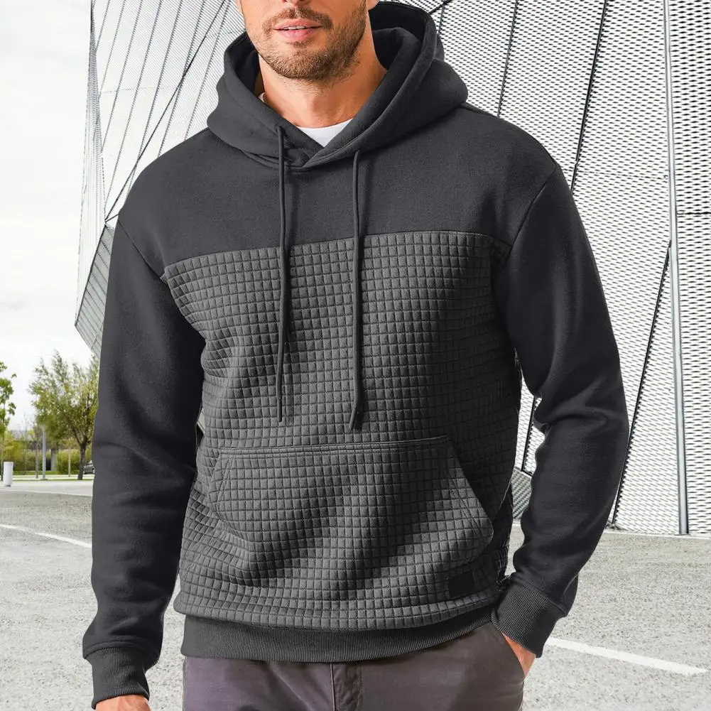 Outono masculino hoodie aconchegante textura waffle hoodie com cordão contraste cor para outono inverno desportivo comprimento médio topo masculino hoodie