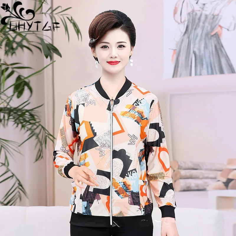 

UHYTGF Mother Spring Summer Jacket Womans Printed Stand Collar Cardigan Short Coat Female Middle-Aged Elderly Thin Outerwear 334