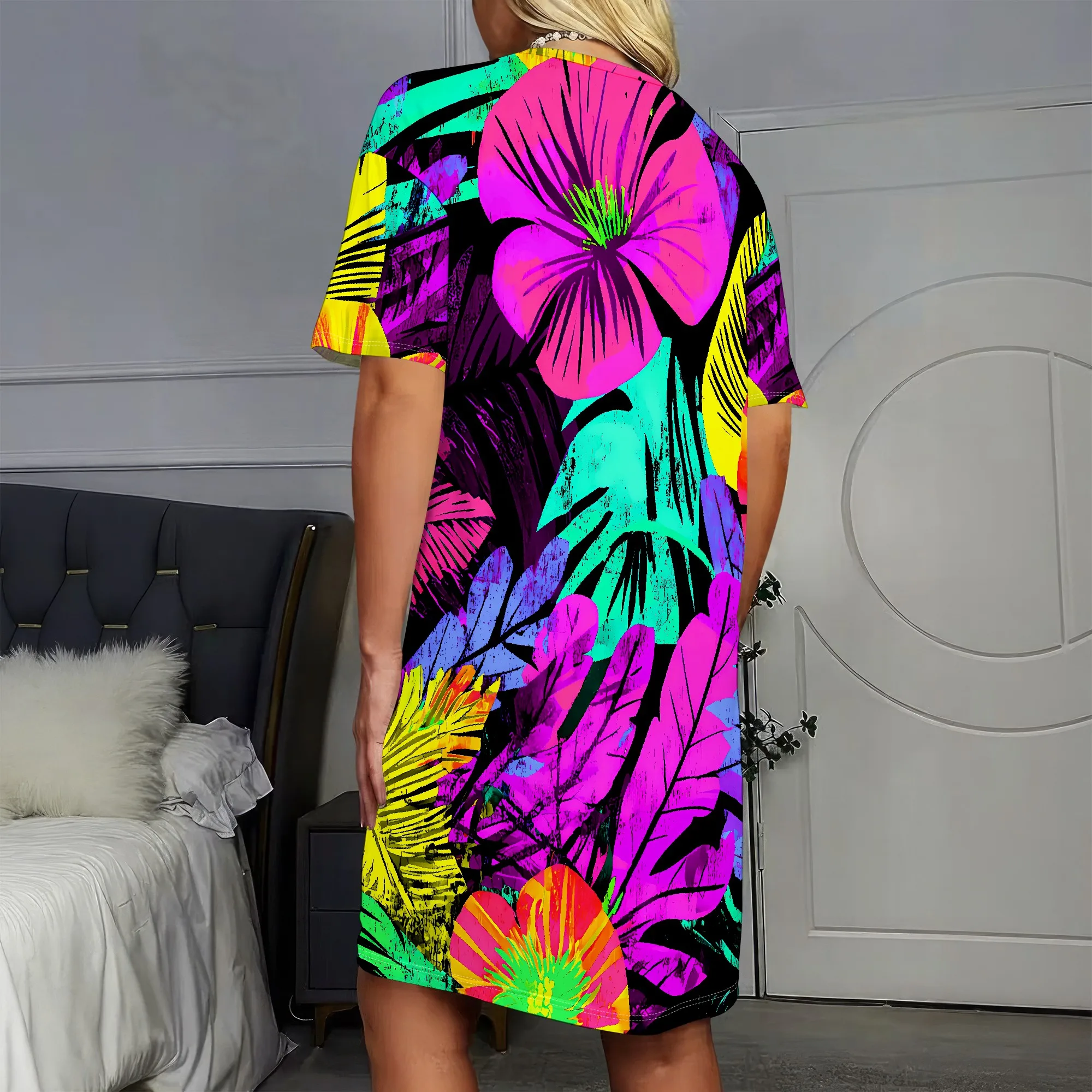 Neon Hibiscus Dress, Tropical Print T-Shirt Dress, Vibrant Floral Pattern, Colorful Leaf Design, Beach Vacation Wear, S-2XL